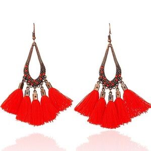 Boho Bronze Red Yarn Tassel Drop Fashion Earrings